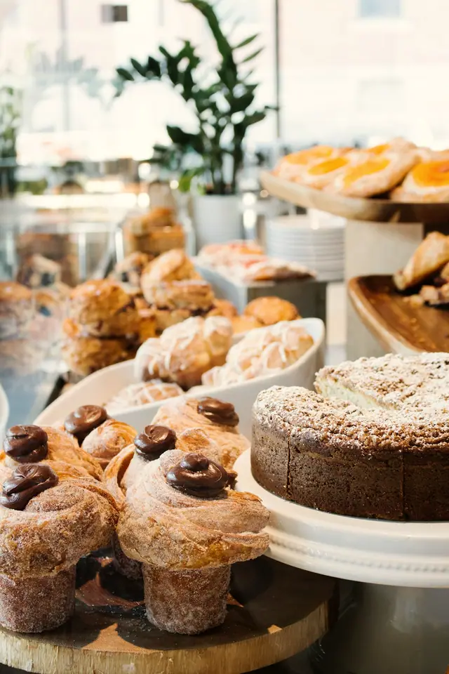 Pastries and cakes on a café counter